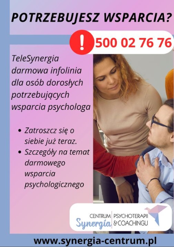 plakat bezpłatnej pomocy psychologicznej w ramach infolinii Telesynergia