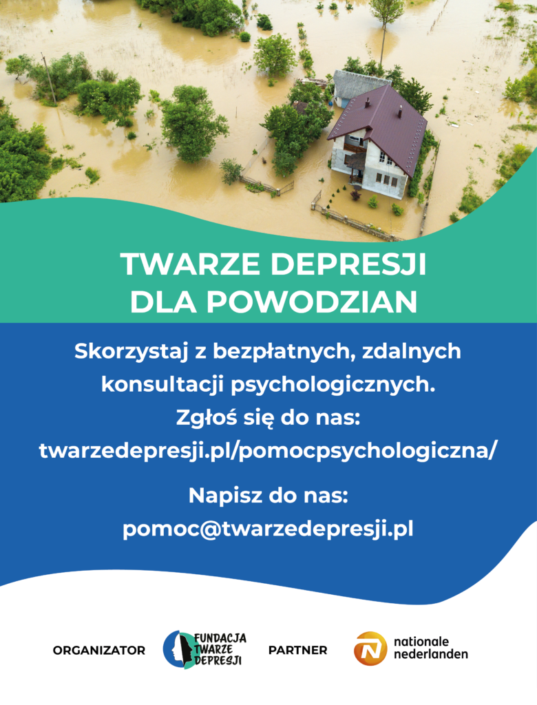 Plakat powodziowy programu Twarze depresji dla powodzian